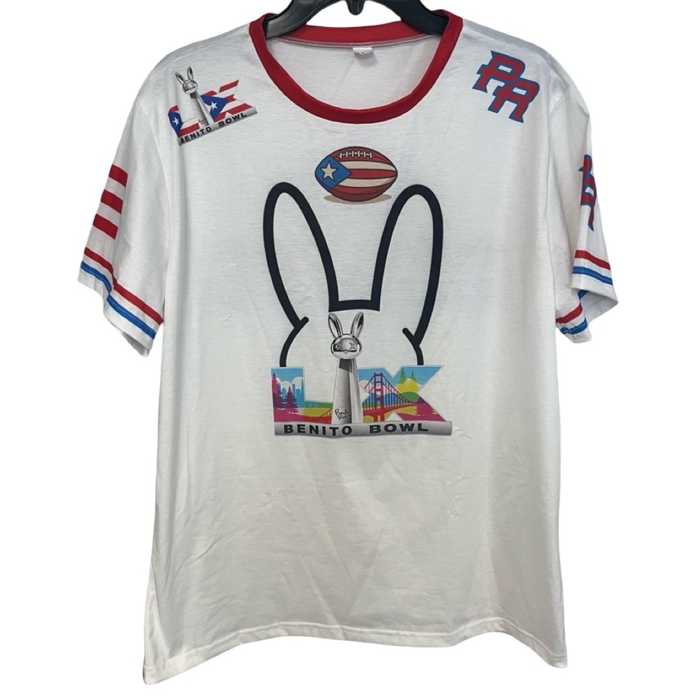 Bad Bunny Benito Bowl Puerto Rico Graphic Ringer T-Shirt White Red Large